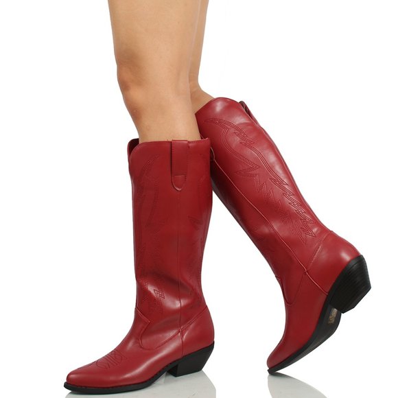 Dark Red Faux Leather Stitching Cowboy Knee High Boots - Picture 5 of 5